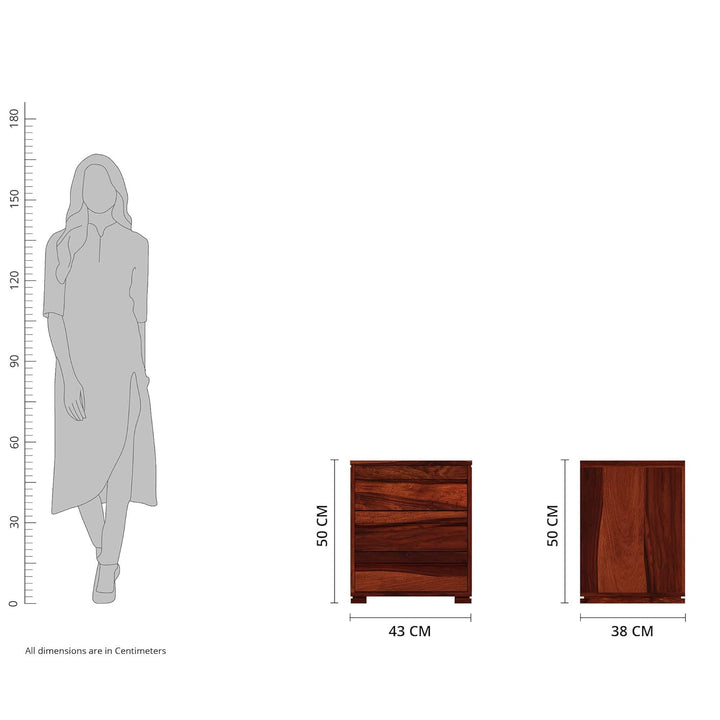 THE WOODEN CITY Sheesham Wood Bedside Table with 3 Drawers (Honey Finish)