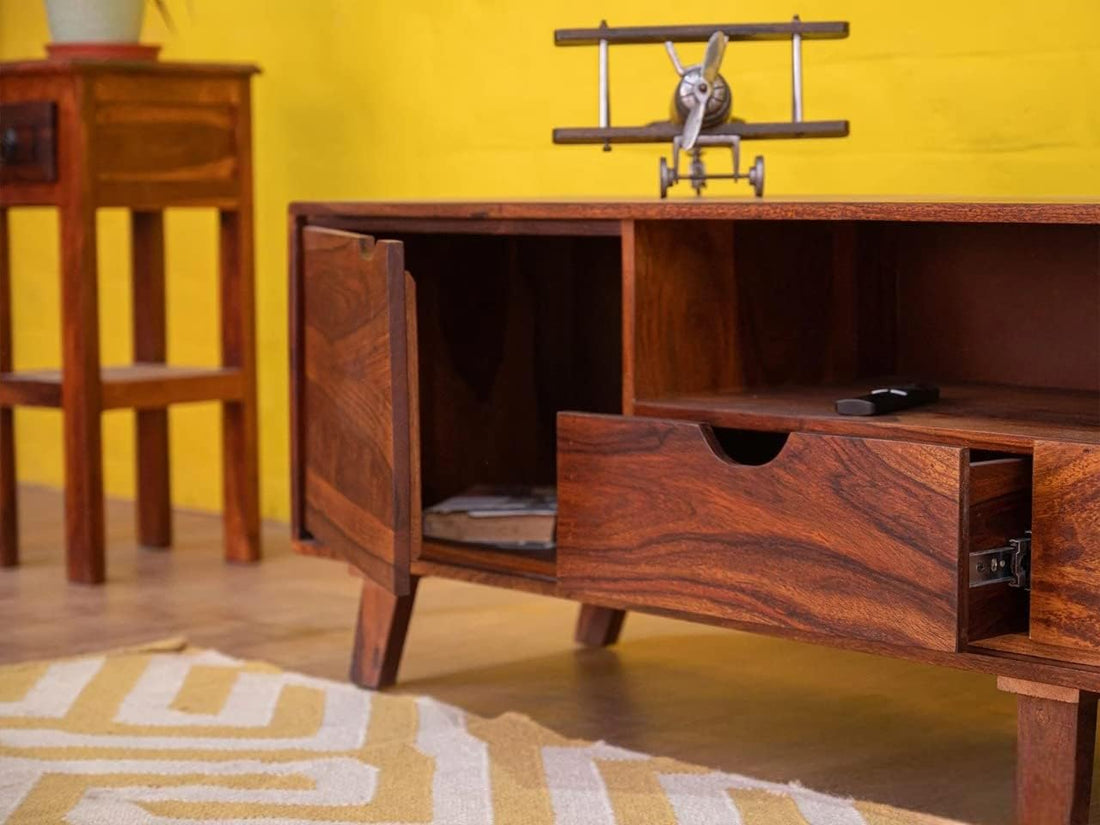 THE WOODEN CITY Solid Wood TV Entertainment Unit For Living Room & Bedroom Furniture (Finish Color - Natural Teak, Pre-Assembled)