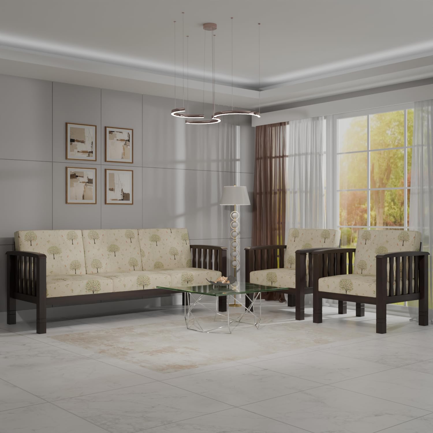 Solid Sheesham Wood 5 Seater Sofa Set for Living Room Furniture | Wooden Sofa for Home & Office (Walnut, 3+1+1)