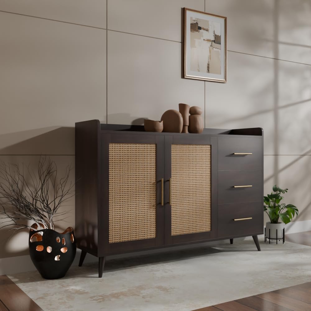 Rattan Cane Solid Sheesham Wood Bar Cabinet Wine Storage Rack with Drawer & Glass Holder, Wooden for Home and Bar Furniture (Walnut)