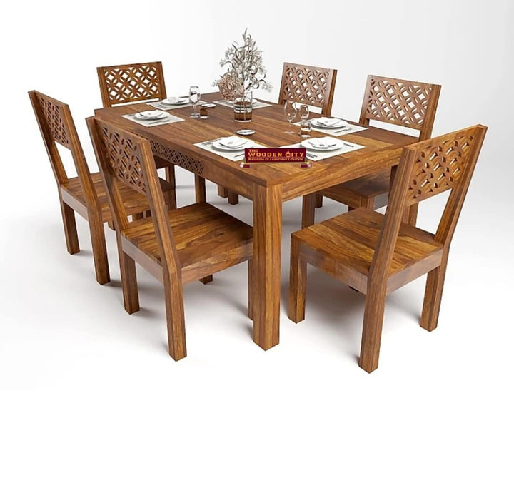 THE WOODEN CITY Solid Sheesham Wood Six Seater Dining Table Set with 6 Cushion cnc Chairs for Dining Room honey