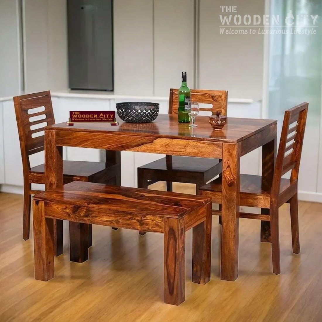 THE WOODEN CITY Solid Sheesham Wood Dining Table 4 Seater Dining Table Set with 3 Chairs & 1 Bench Dinner Table Set for Dinning Room