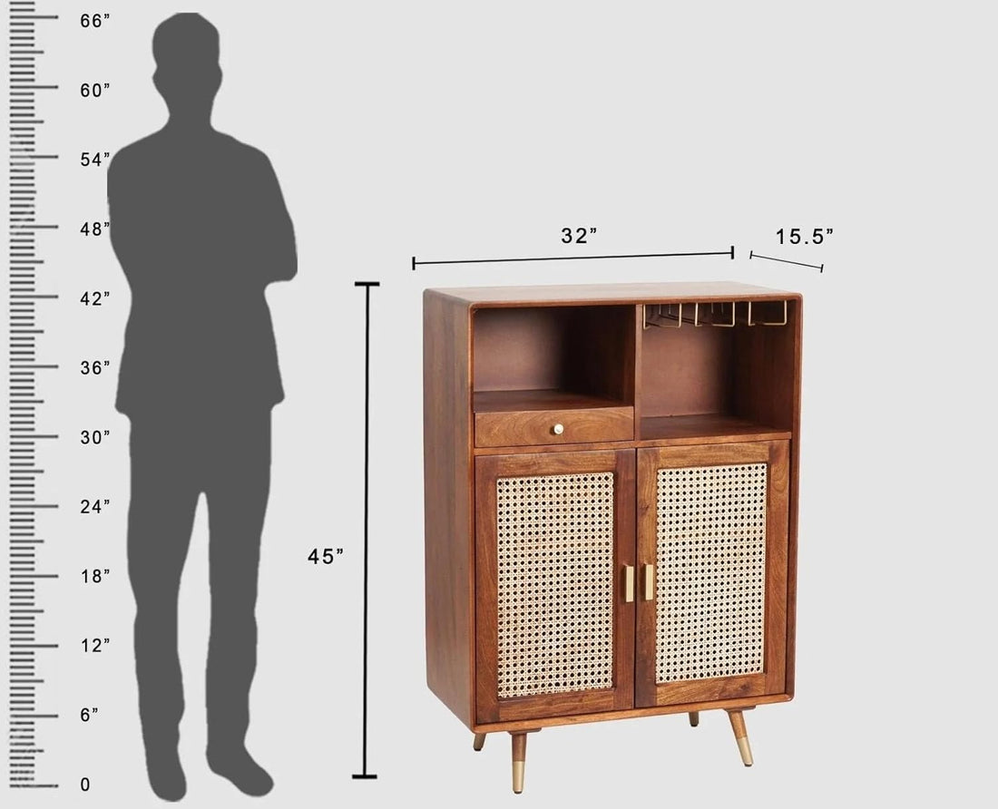 THE WOODEN CITY Wood Rattan Cane Bar Cabinet with Glass Holder Storage (Walnut,Standard)