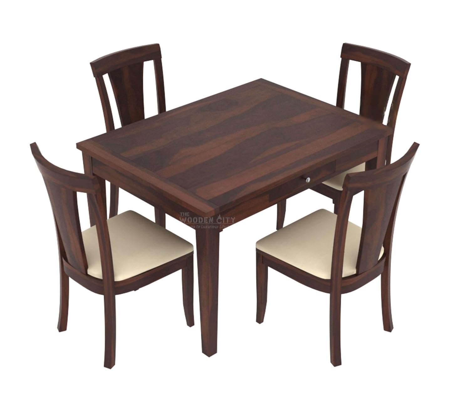 THE WOODEN CITY Solid Sheesham Wood 4 Seater Dining Set Dining Table Set with Cushioned Chairs and Drawer Storage for Dining Room | Living Room | Home & Office | Hotels Restaurant(Walnut)