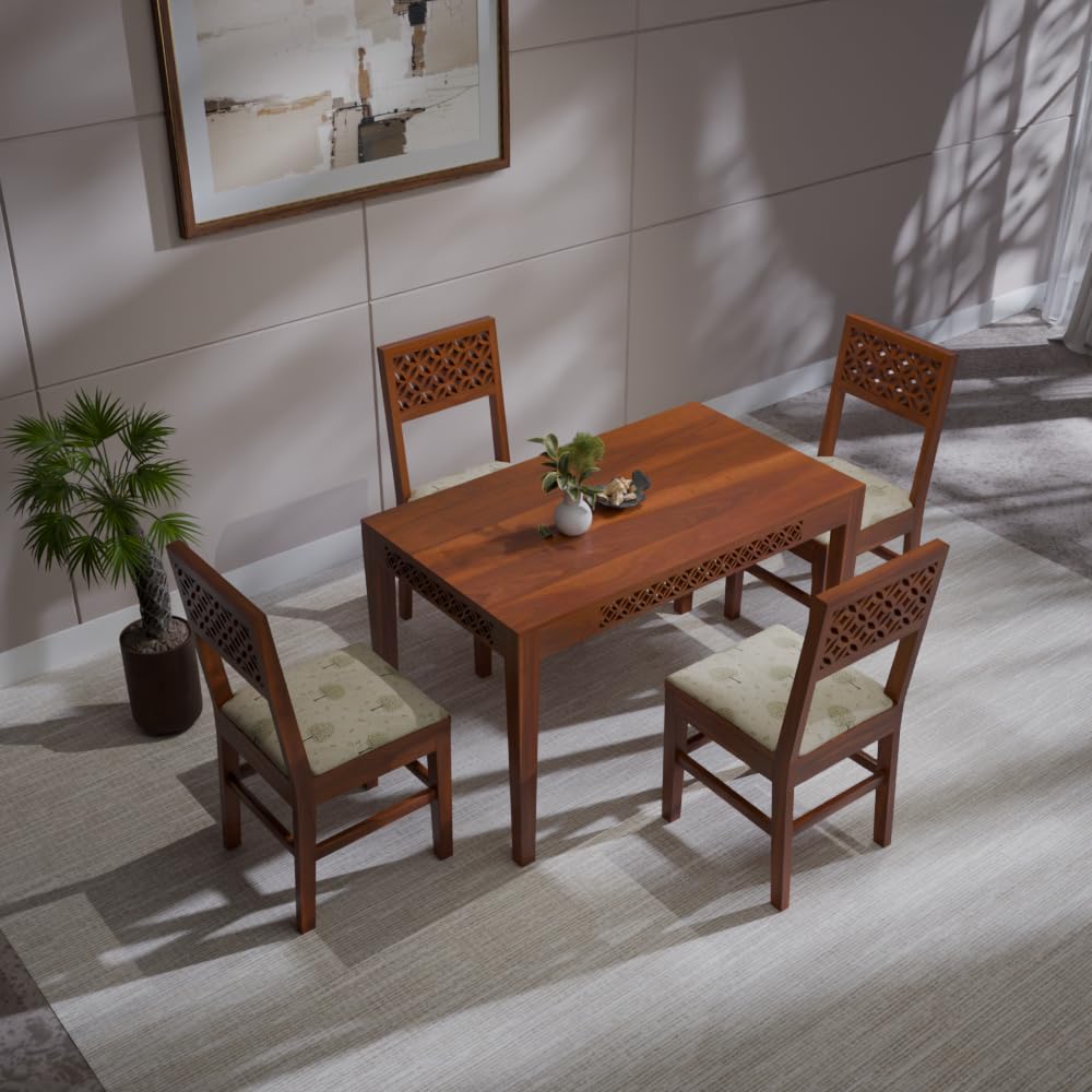 THE WOODEN CITY Dining Table 4 Seater | Four Seater Dinning Table with 4 Chairs with Beige Cushions for Home | Rosewood, Honey Finish Self Assembly(DIY)