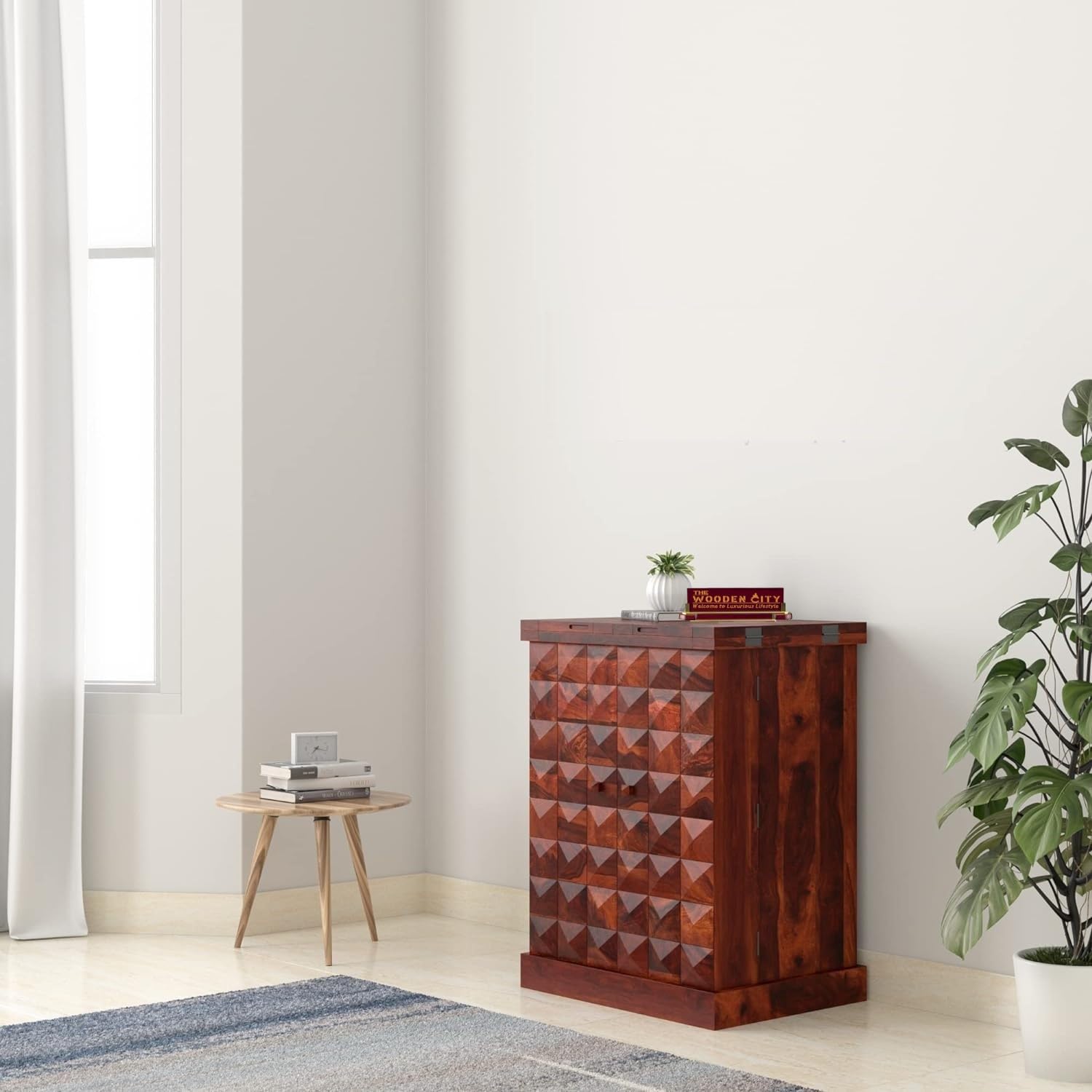 THE WOODEN CITY Solid Sheesham Wood Bar Cabinet Wine Storage Rack with Drawer & Glass Holder, Wooden for Home and Bar Furniture (DarkHoney2door, Standard)