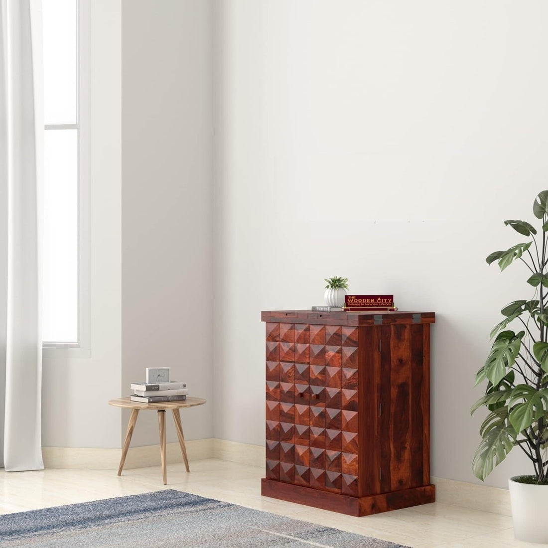 THE WOODEN CITY Solid Sheesham Wood Bar Cabinet Wine Storage Rack with Drawer & Glass Holder, Wooden for Home and Bar Furniture (DarkHoney2door, Standard)