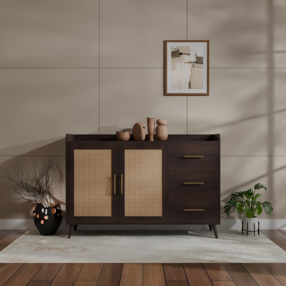 Rattan Cane Solid Sheesham Wood Bar Cabinet Wine Storage Rack with Drawer & Glass Holder, Wooden for Home and Bar Furniture (Walnut)