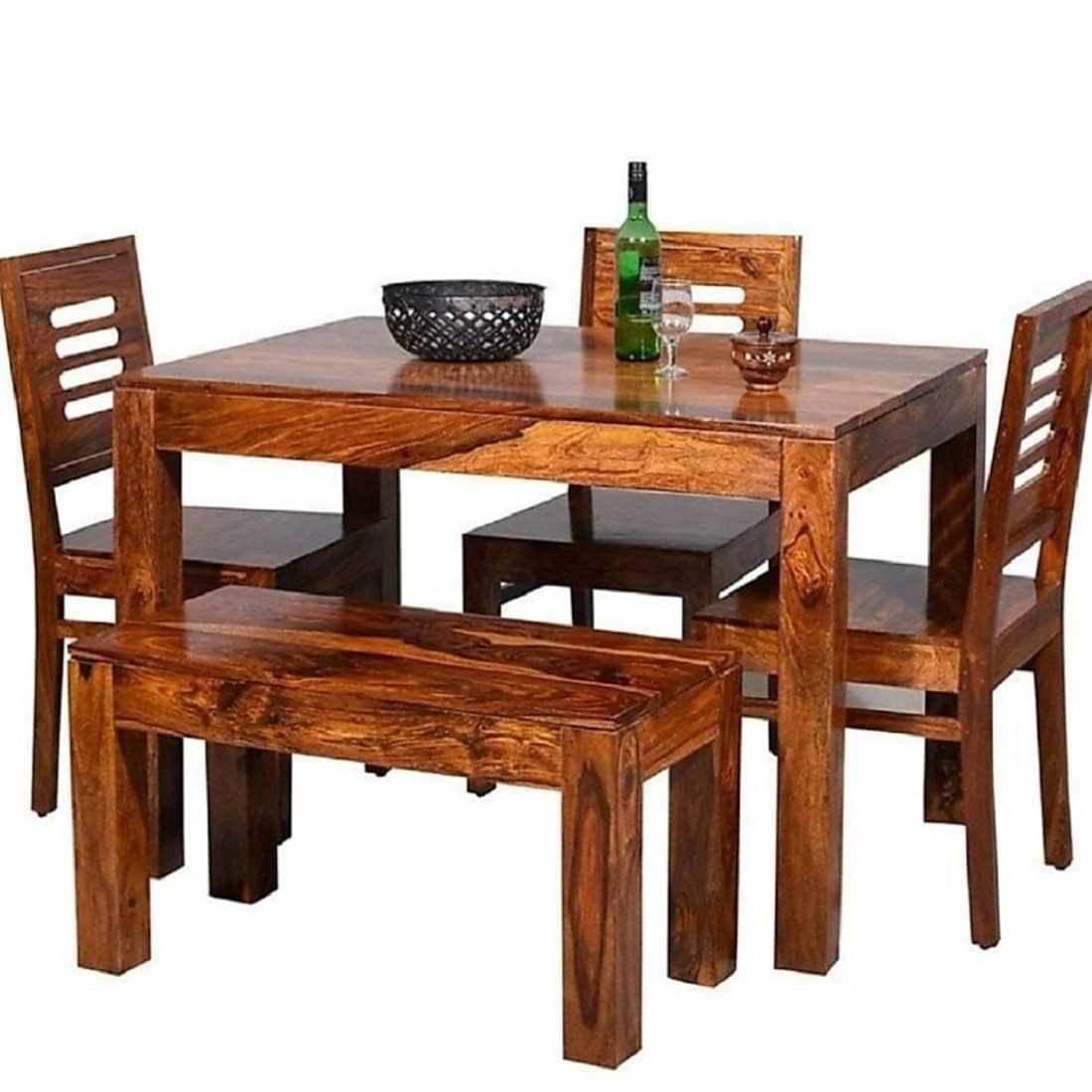 THE WOODEN CITY Solid Sheesham Wood Dining Table 4 Seater Dining Table Set with 3 Chairs & 1 Bench Dinner Table Set for Dinning Room