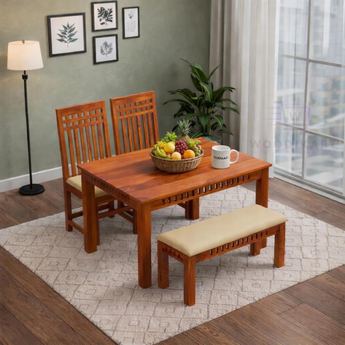Solid Sheesham Wood Dining Table with Chairs & Bench | Wooden Dinner Table Set for Dinning Room Home & Hotel| Modern Dining Room Set | Customer Self Assembly (Honey U, 4 Seater)