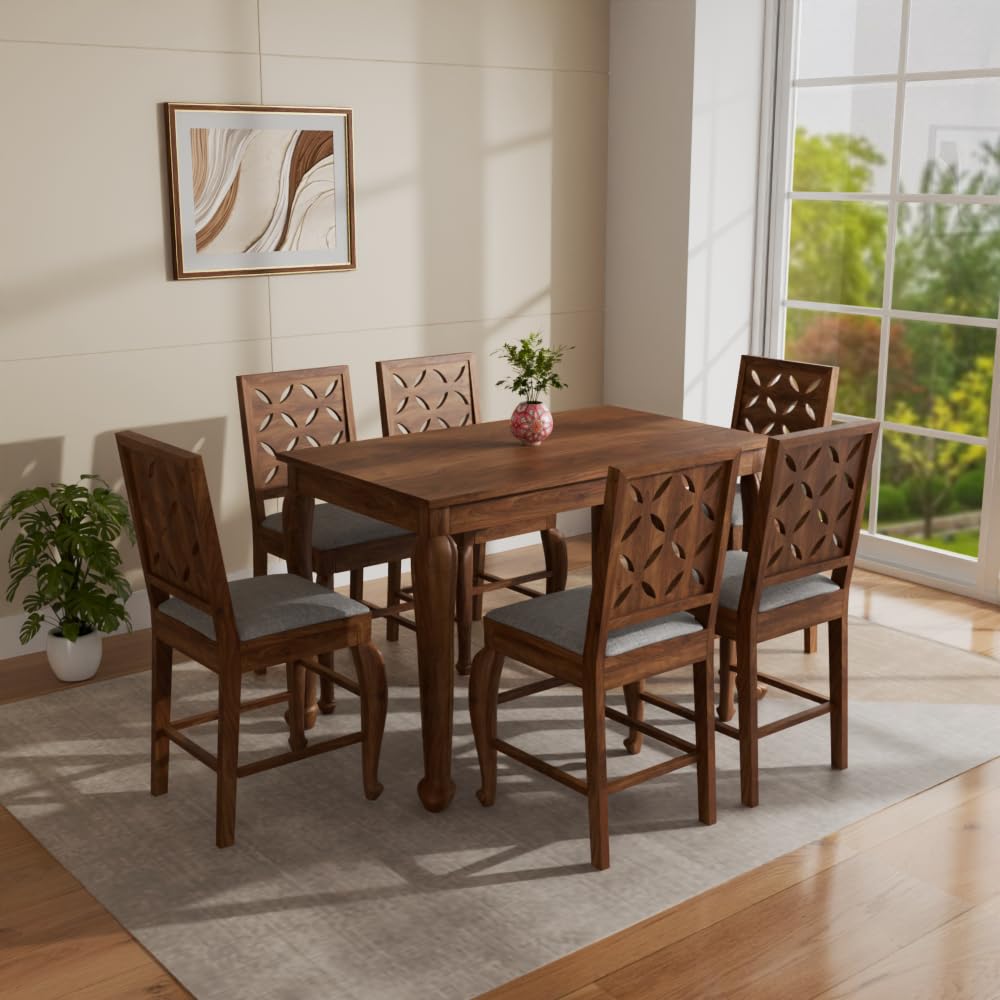 THE WOODEN CITY Sheesham Wood 6 Seater Dining Set | Table with Includes Cushion Chairs | Solid Wood Dining Table Set for Dining Room (Honey Cou, 6 Seater)