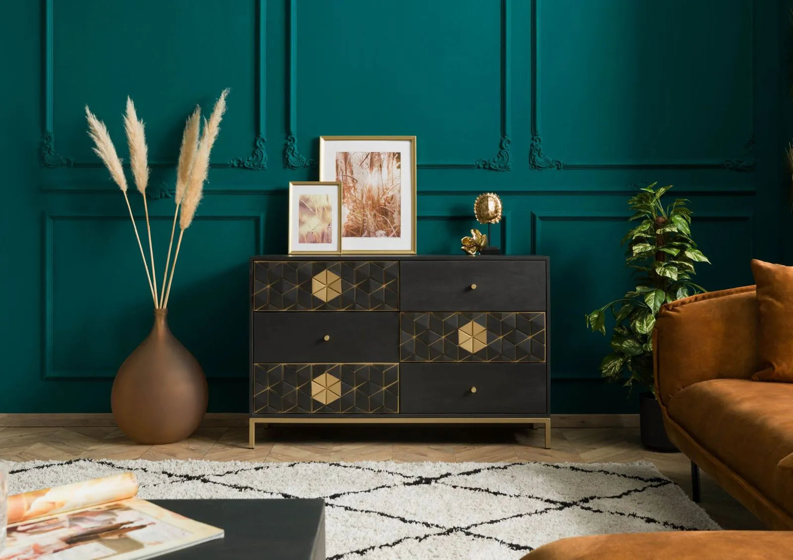 THE WOODEN CITY Stylish Art Deco Mango Wood Chest of Drawers DIAMOND #109 (WALNUT)