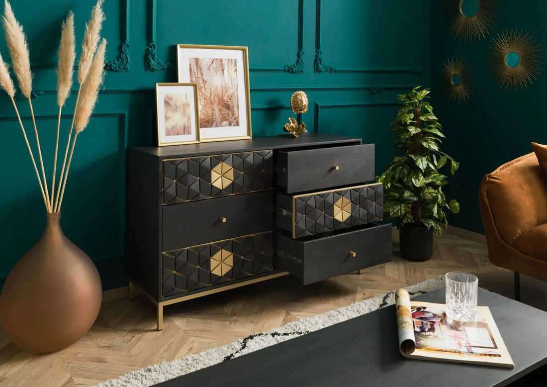 THE WOODEN CITY Stylish Art Deco Mango Wood Chest of Drawers DIAMOND #109 (WALNUT)