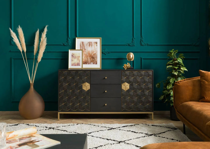 THE WOODEN CITY Stylish Art Deco Mango Wood Chest of Drawers   DIAMOND #122 (WALNUT)