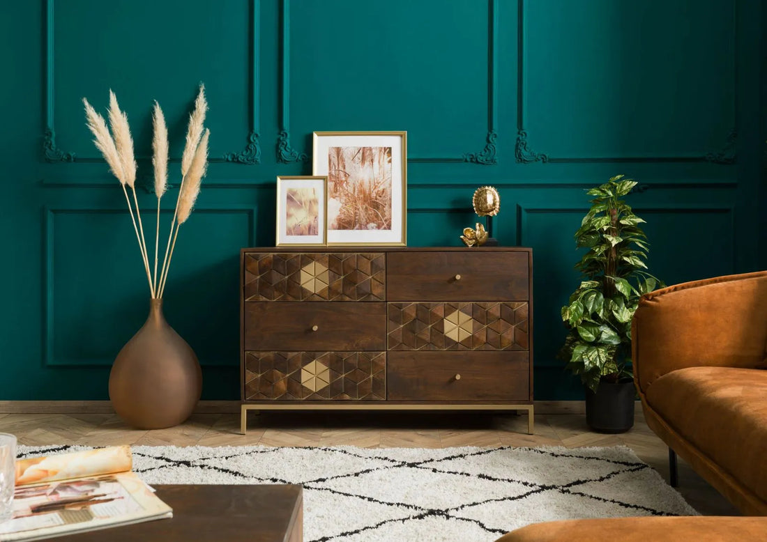 THE WOODEN CITY Stylish Art Deco Mango Wood Chest of Drawers DIAMOND #209  (HONEY)