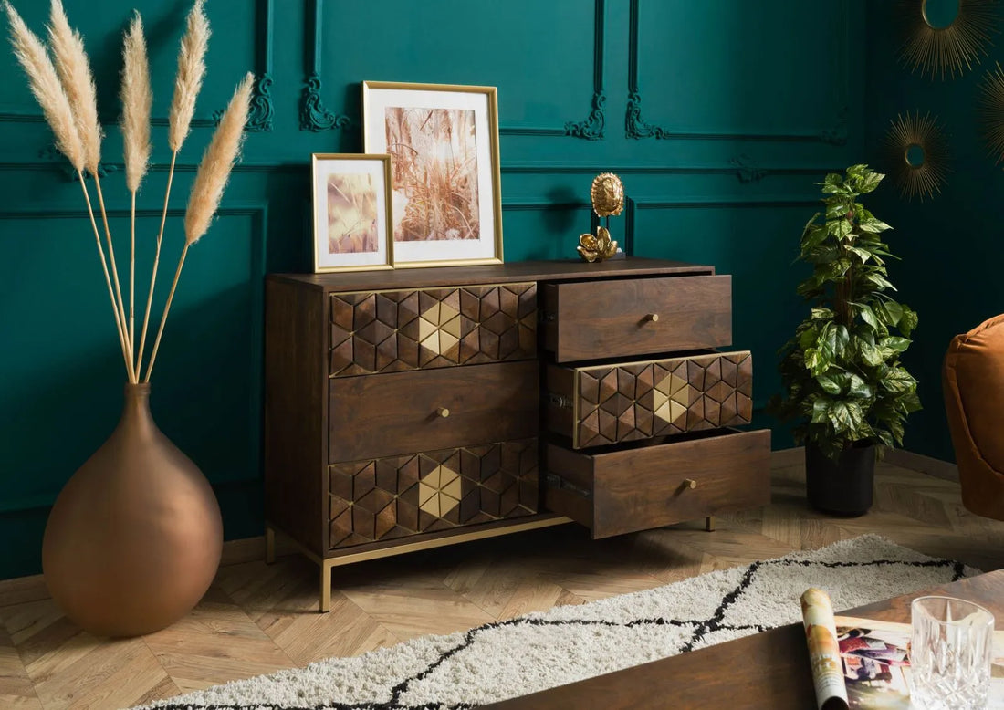 THE WOODEN CITY Stylish Art Deco Mango Wood Chest of Drawers DIAMOND #209  (HONEY)