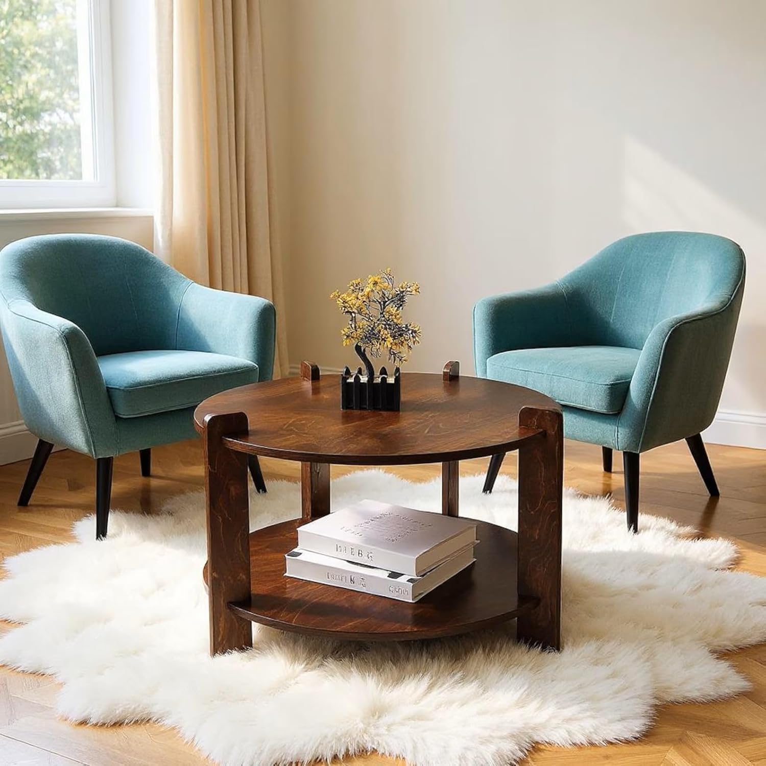 THE WOODEN CITY Solid Mango Wood Round Coffee Table for Living Room | Small Space Center Table to Look Like Royal Outdoor and Indoor Area (Walnut)