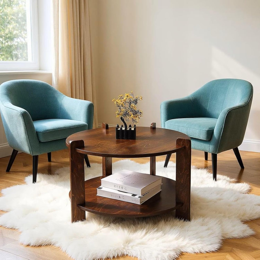 THE WOODEN CITY Solid Mango Wood Round Coffee Table for Living Room | Small Space Center Table to Look Like Royal Outdoor and Indoor Area (Walnut)