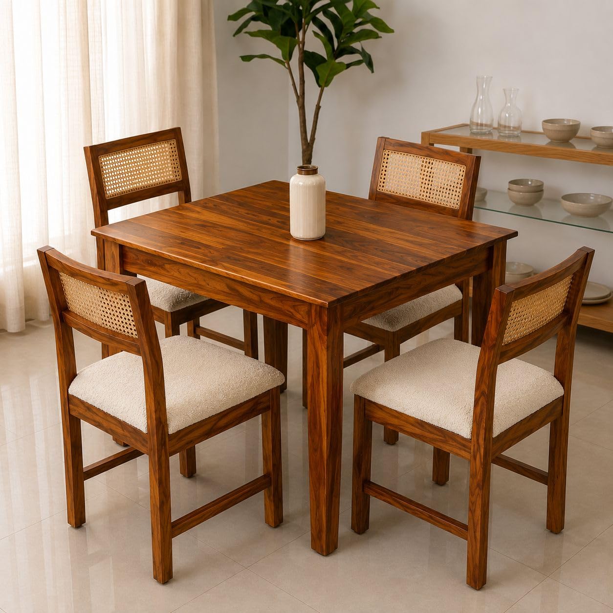 Arden Solid Sheesham Wood & Cane Dinner Set Table with Chair |Wooden Dining Table Set with Cushioned Chairs for Dining Room | Living Room | Home & Office -Honey