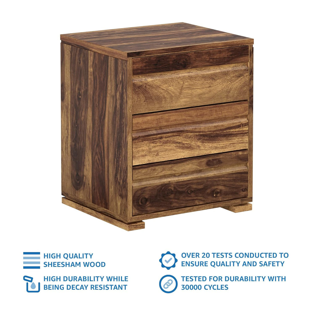 THE WOODEN CITY Solid Sheesham Wood Bedside Table with 3 Drawers (Natural Finish)