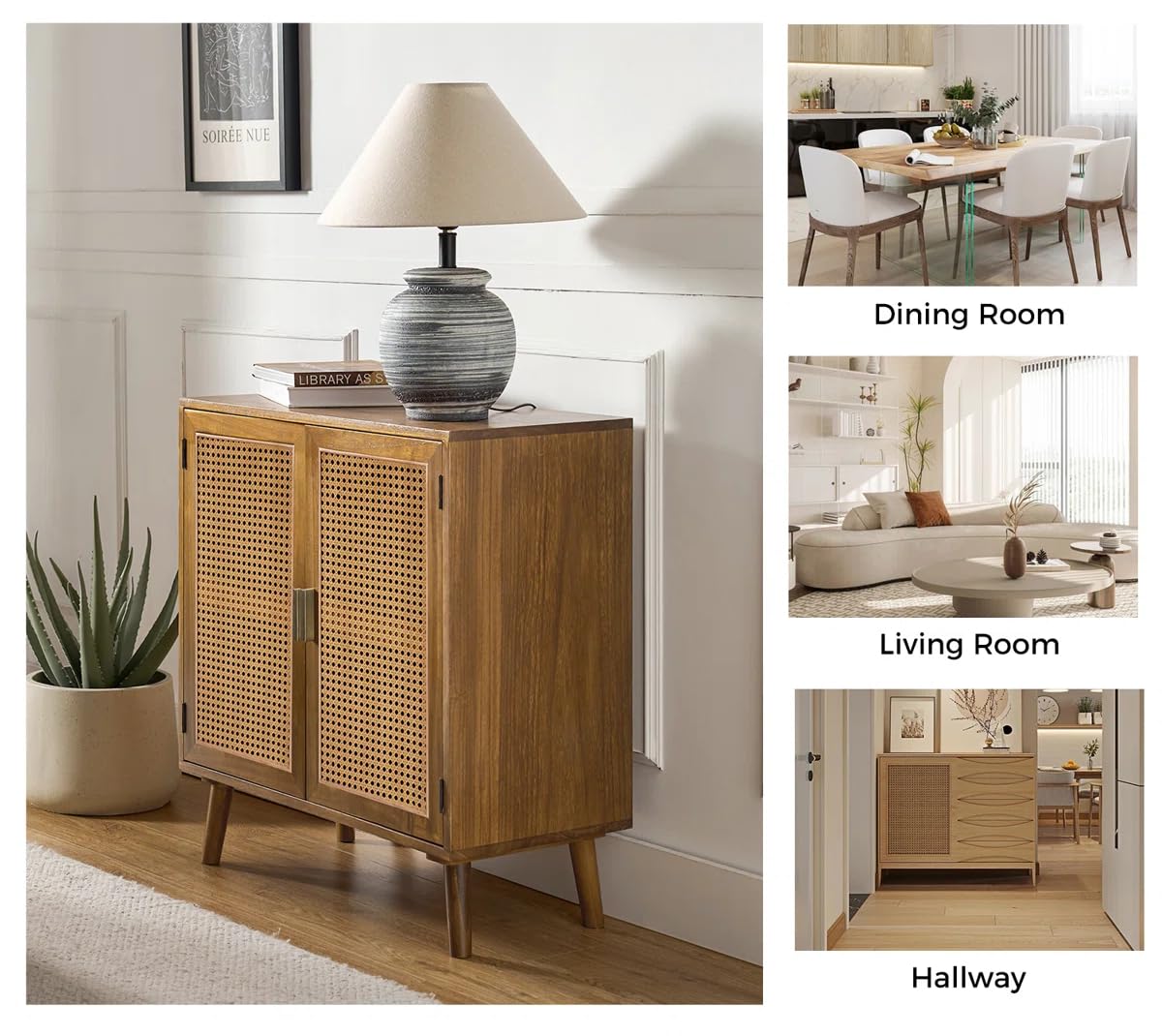 Solid Mango Wood Rattan Sideboard Cabinet for Living Room | Wooden Cane Crockery Unit for Kitchen Living Room (Natural c1)