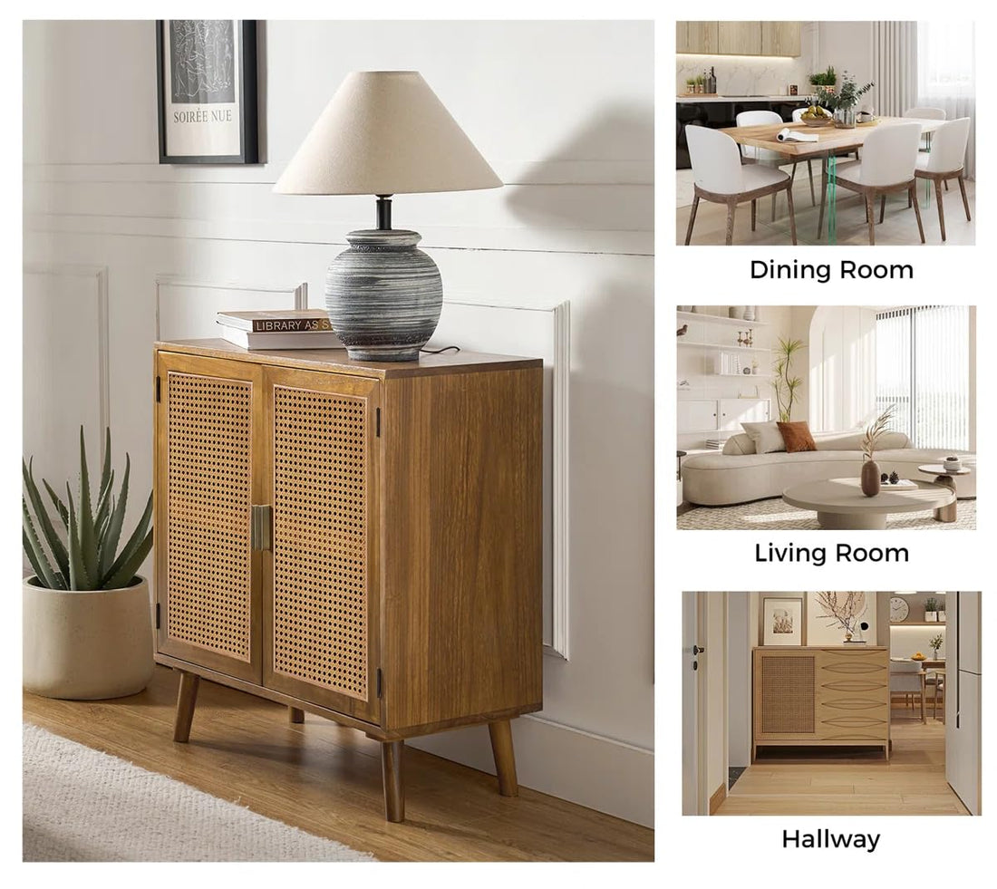 Solid Mango Wood Rattan Sideboard Cabinet for Living Room | Wooden Cane Crockery Unit for Kitchen Living Room (Natural c1)