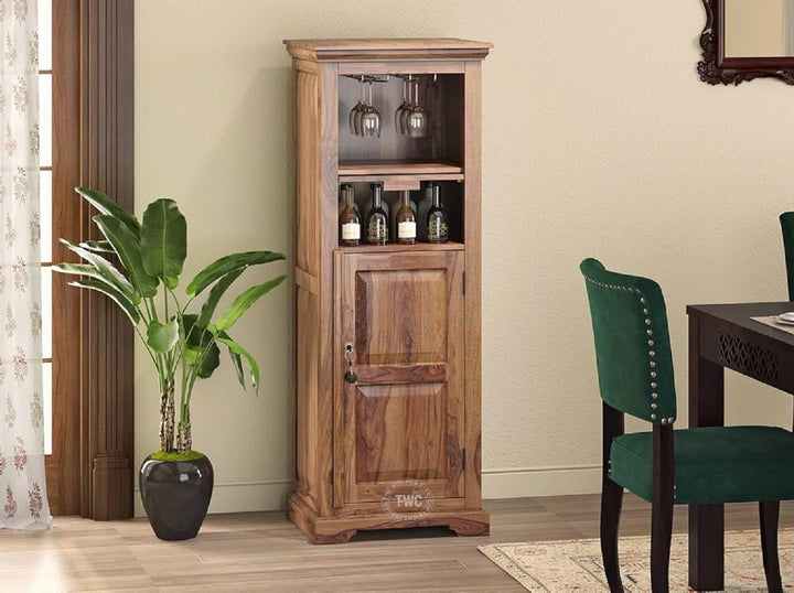 THE WOODEN CITY Solid Sheesham Wood Wine Cabinet Wooden Bar Cabinet Storage Rack with Drawer and Glass Holder Wooden for Home and Bar Furniture (Natural Honey) with Lock Child safty