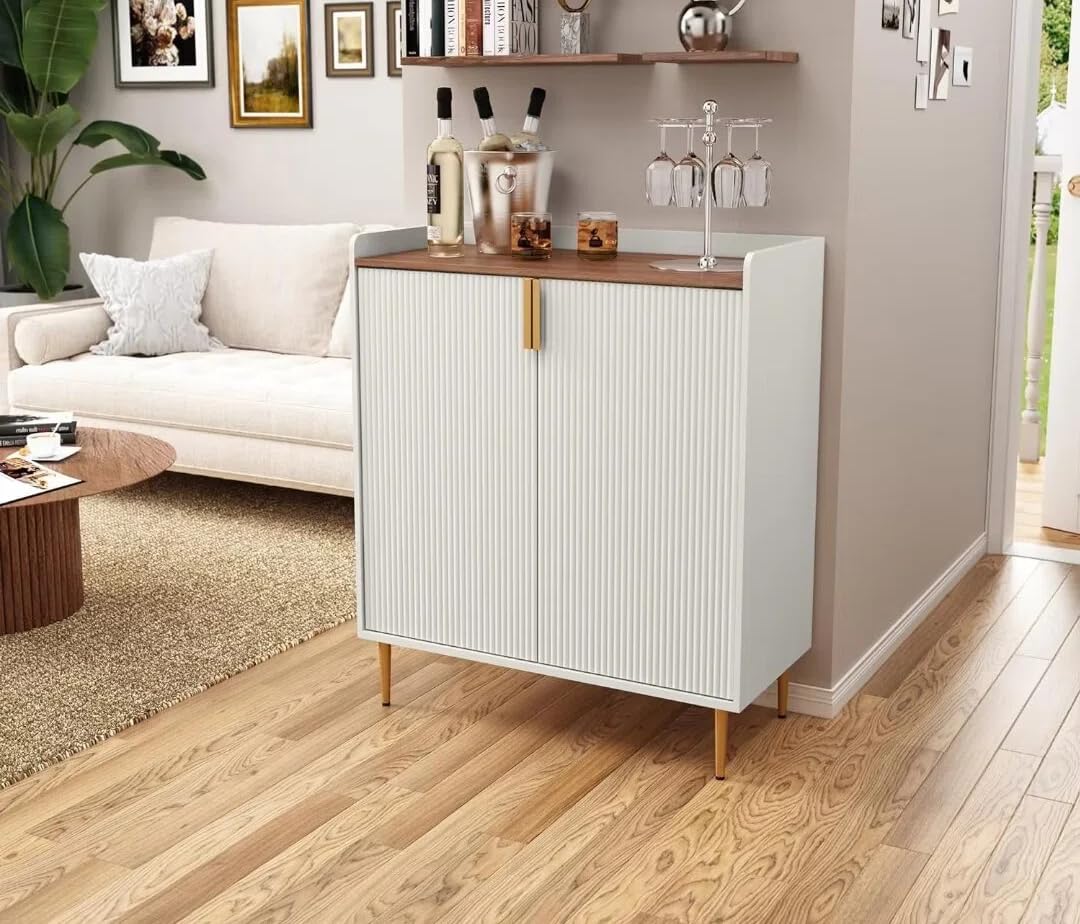 THE WOODEN CITY Solid Wood Wine Cabinet | Wooden Bar Cabinet Storage Rack with Drawer & Glass Holder, Wooden for Home and Bar Furniture (White)