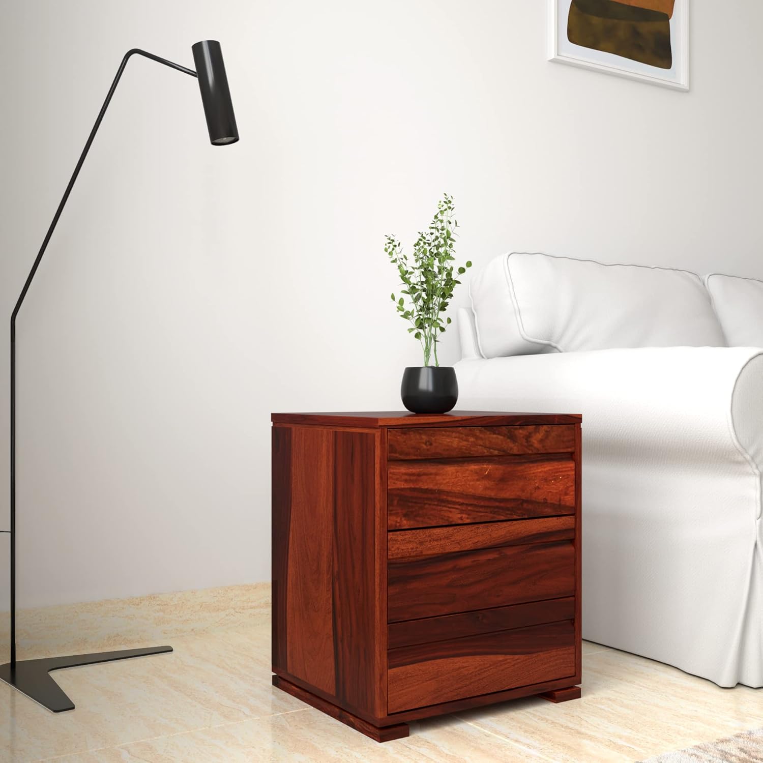 THE WOODEN CITY Sheesham Wood Bedside Table with 3 Drawers (Honey Finish)