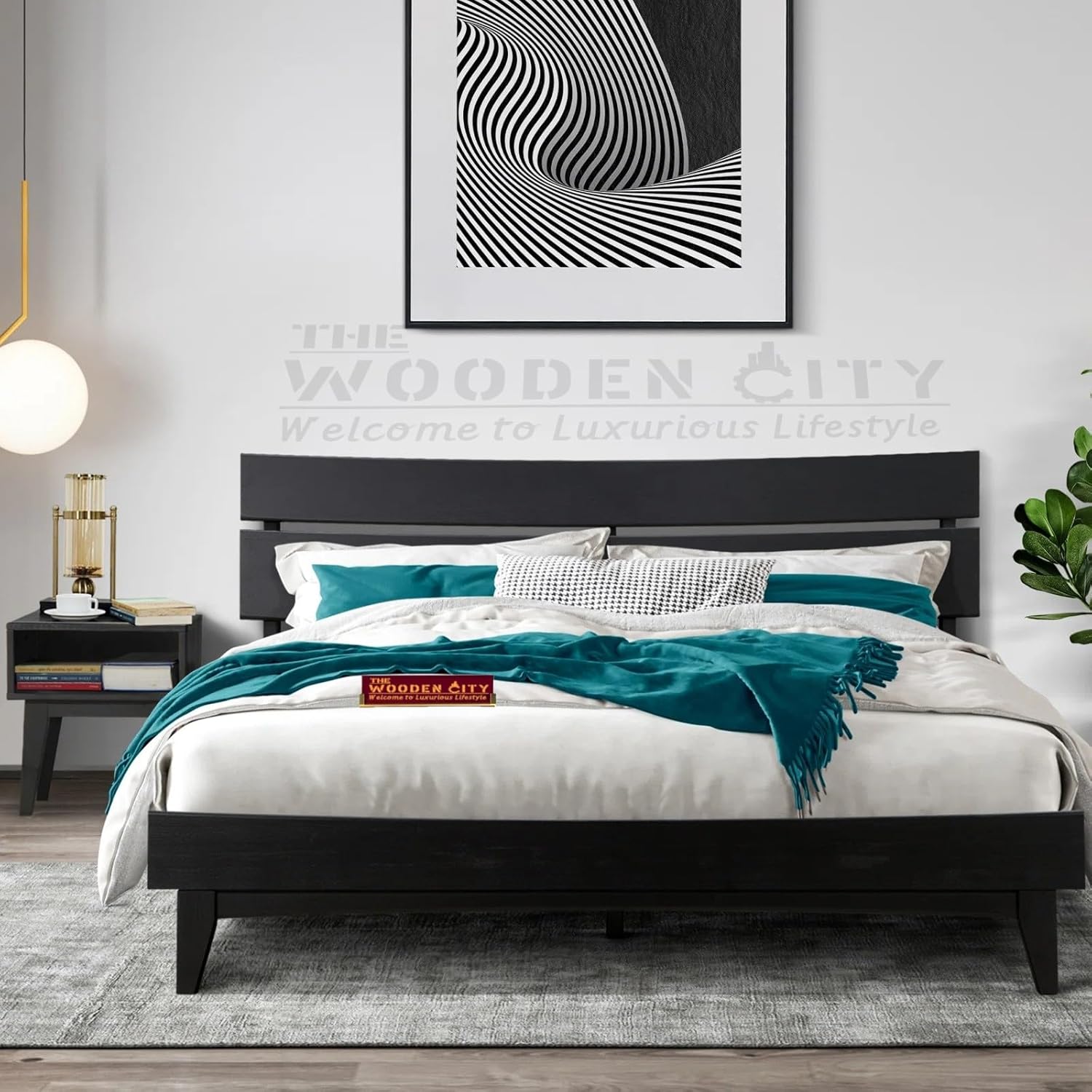 THE WOODEN CITY Sheesham Wood Bed Bedroom Set Solid Wood Bed Frame with High Headboard and Nightstand for Bedroom Furniture (UNO1, King)