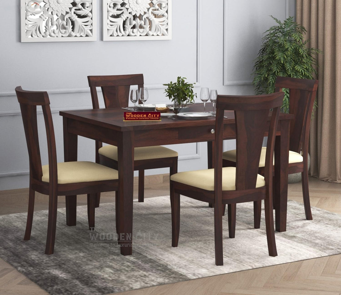 THE WOODEN CITY Solid Sheesham Wood 4 Seater Dining Set Dining Table Set with Cushioned Chairs and Drawer Storage for Dining Room | Living Room | Home & Office | Hotels Restaurant(Walnut)