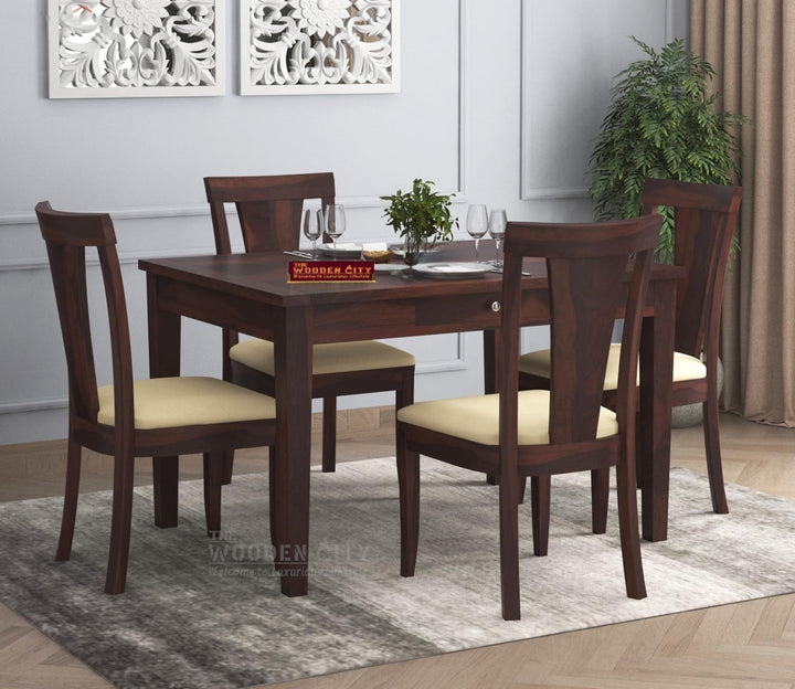 THE WOODEN CITY Solid Sheesham Wood 4 Seater Dining Set Dining Table Set with Cushioned Chairs and Drawer Storage for Dining Room | Living Room | Home & Office | Hotels Restaurant(Walnut)