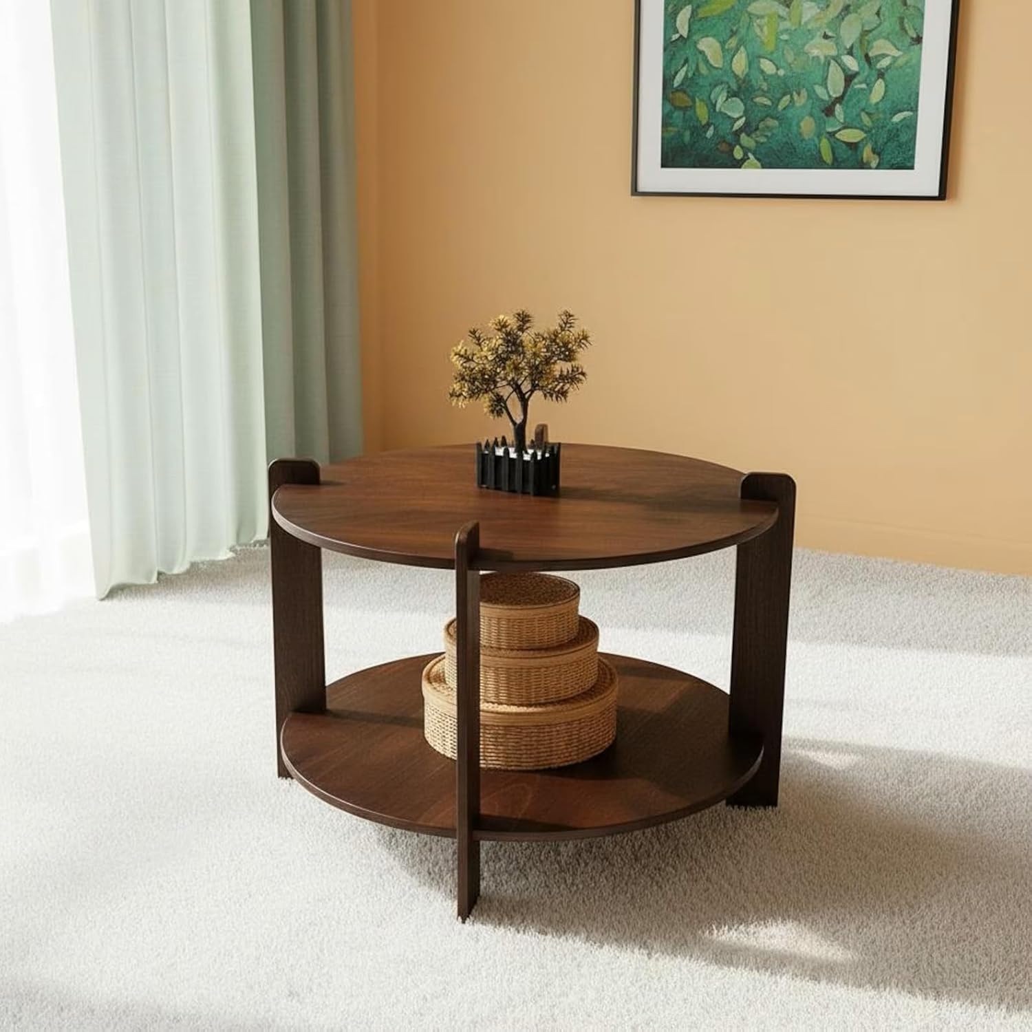 THE WOODEN CITY Solid Mango Wood Round Coffee Table for Living Room | Small Space Center Table to Look Like Royal Outdoor and Indoor Area (Walnut)