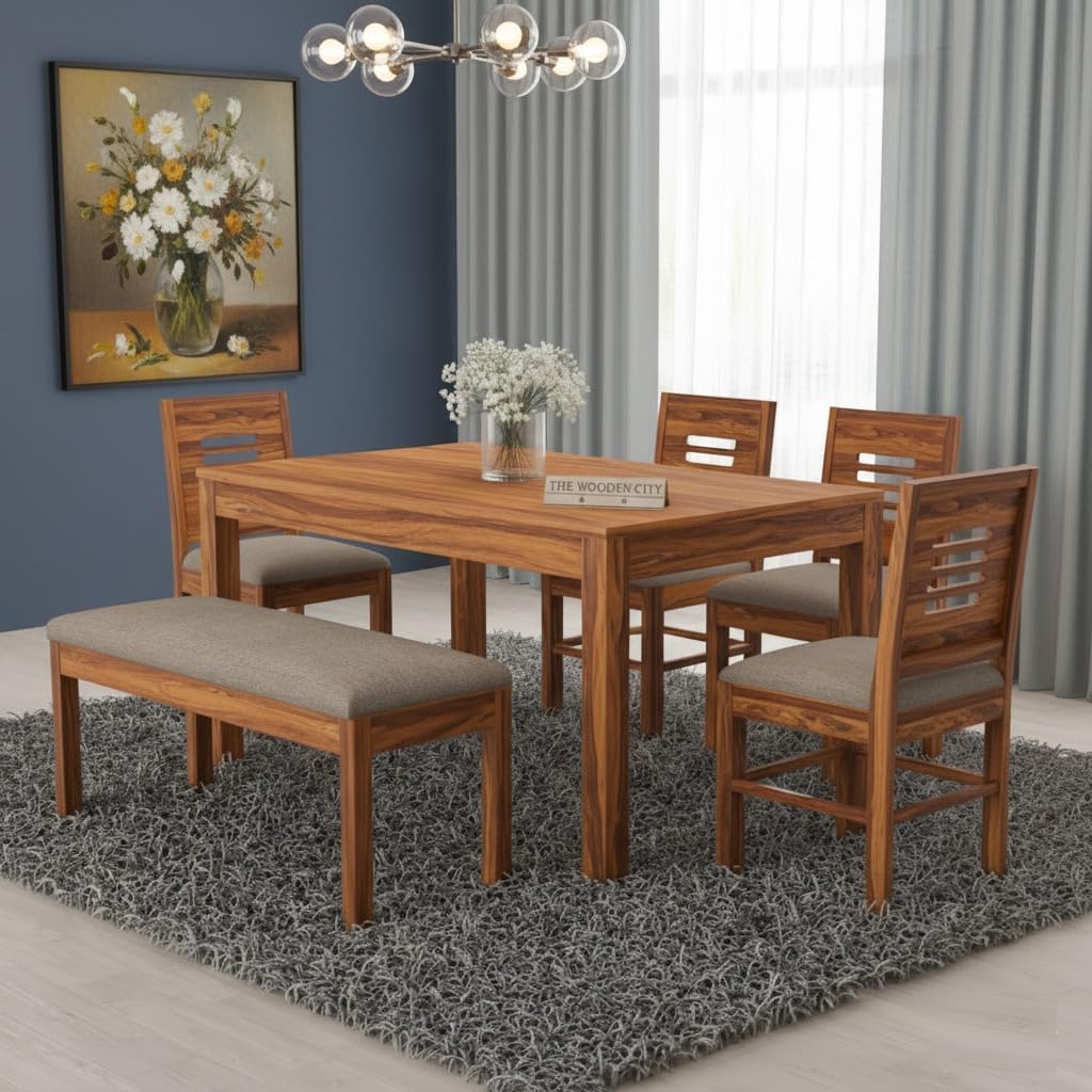 Solid Sheesham Wood Six Seater Dining Table Set with 4 Cushion Chairs with Bench for Dining Room Living Room Home | Dining Table | 6 Seater Dining Table Set (Honey6s t, 6 Seater)