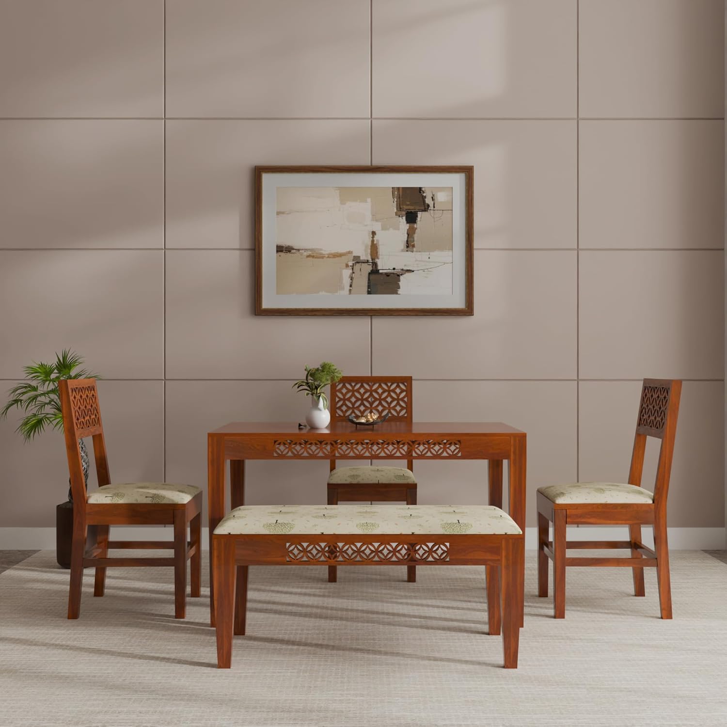 THE WOODEN CITY Solid Sheesham Wood 3 Chair with 1 Bench Dining Table Set with Cushioned Chairs for Dining Room | Living Room | Home & Office | Hotels (4 Seater with Bench, Honey)