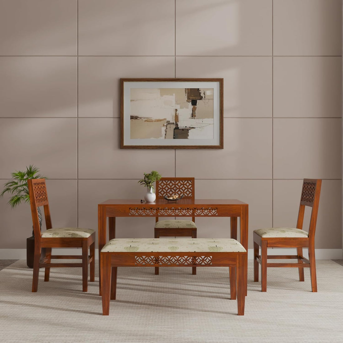 THE WOODEN CITY Solid Sheesham Wood 3 Chair with 1 Bench Dining Table Set with Cushioned Chairs for Dining Room | Living Room | Home & Office | Hotels (4 Seater with Bench, Honey)