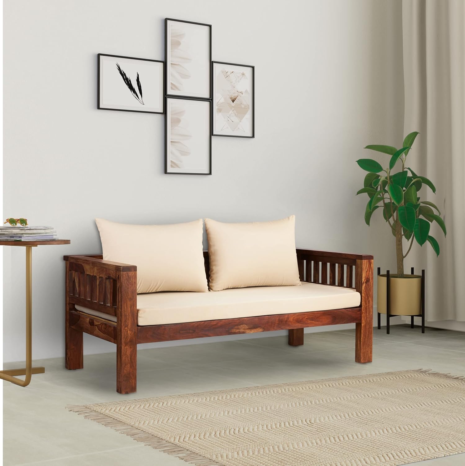 THE WOODEN CITY Solid Sheesham Wood 2-Seater Sofa with Cushions (Natural Finish)