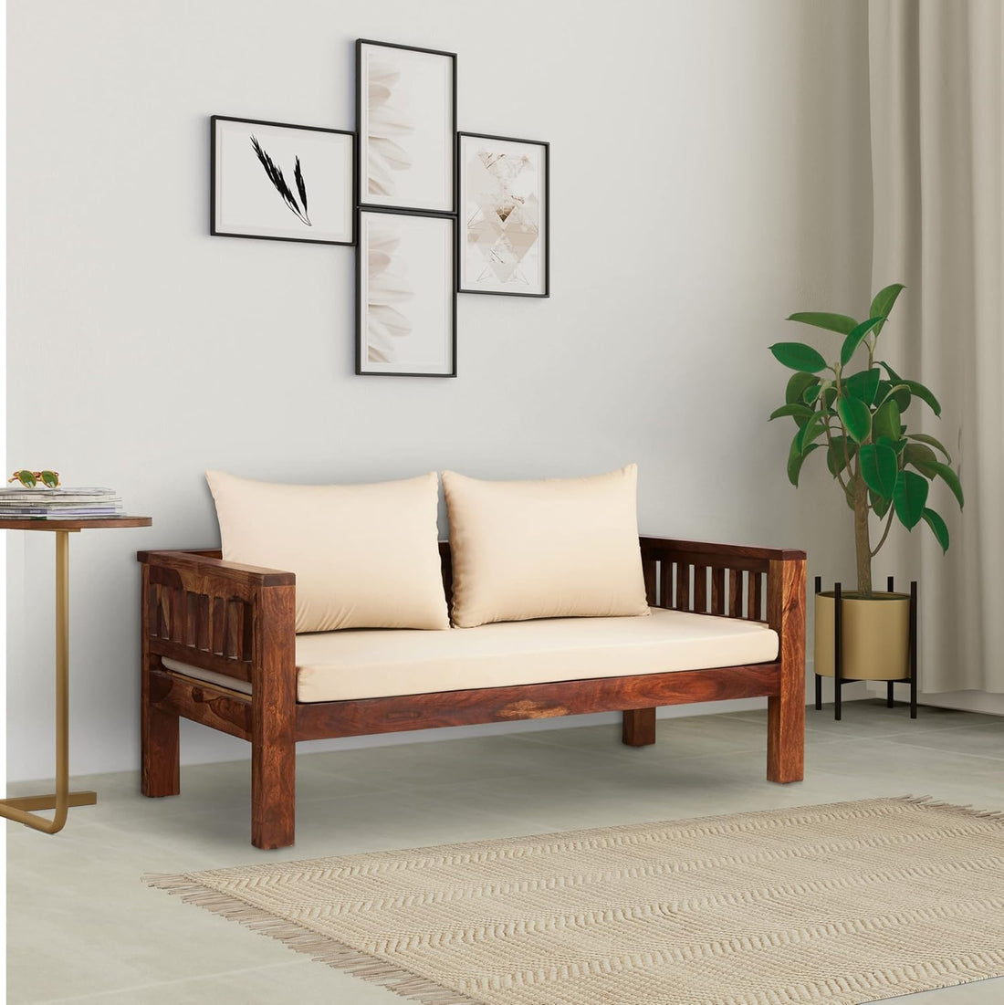 THE WOODEN CITY Solid Sheesham Wood 2-Seater Sofa with Cushions (Natural Finish)