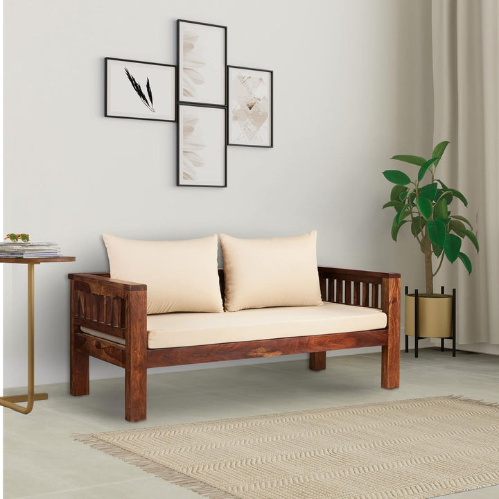 THE WOODEN CITY Solid Sheesham Wood 2-Seater Sofa with Cushions (Natural Finish)