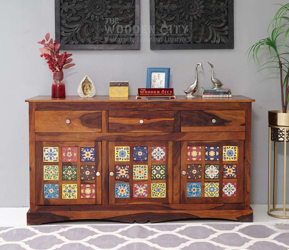 THE WOODEN CITY Solid Sheesham Wood Sideboard Tv Cabinet for Living Room | Free Standing Movable Tv Unit Side Board Table with Drawer Storage Furniture for Home