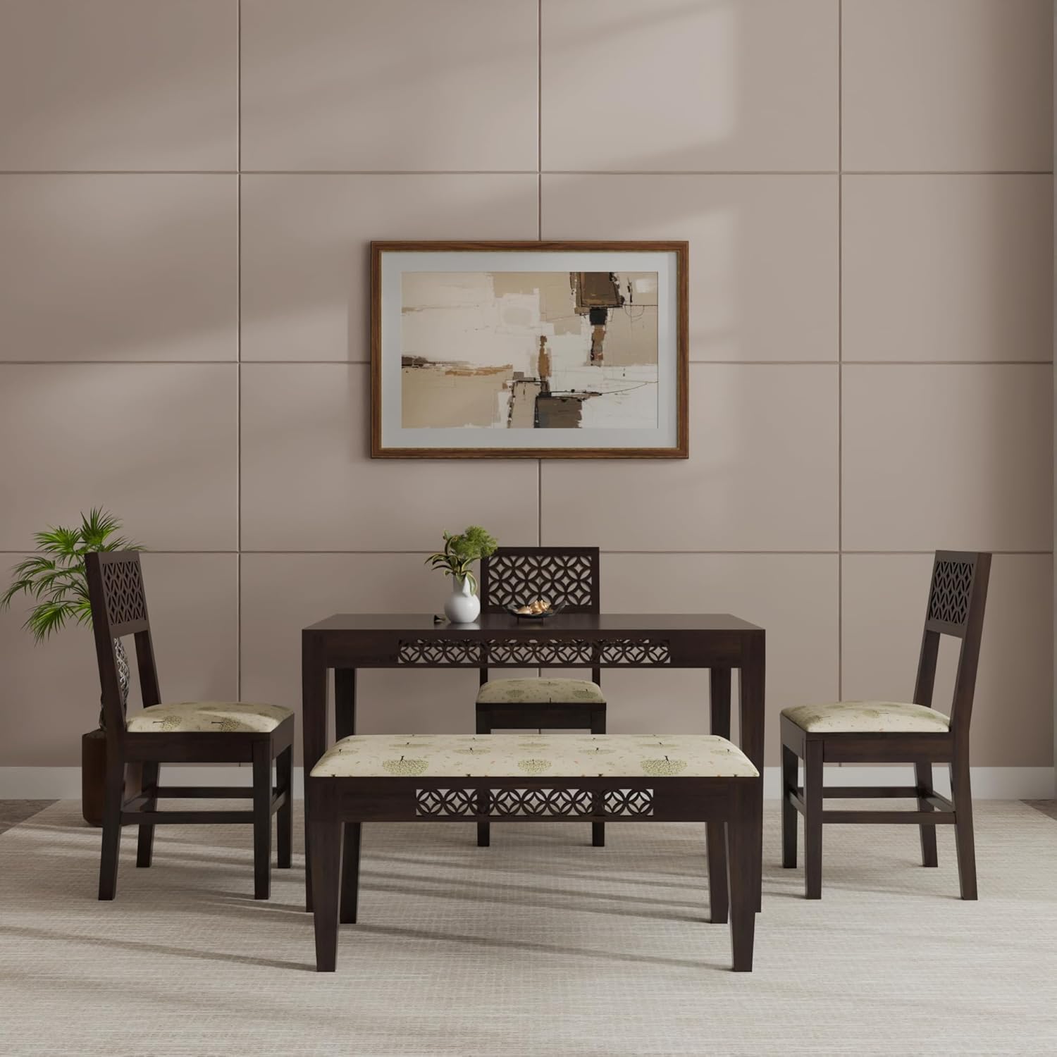 THE WOODEN CITY Solid Sheesham Wood 3 Chair with1 Bench Dining Set with Cushioned Chairs for Dining Room | Living Room | Home & Office | Hotels Restaurant (4 Seater with Bench, Walnut)