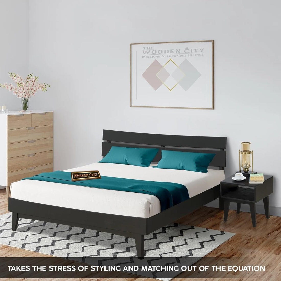 THE WOODEN CITY Sheesham Wood Bed Bedroom Set Solid Wood Bed Frame with High Headboard and Nightstand for Bedroom Furniture (UNO1, King)