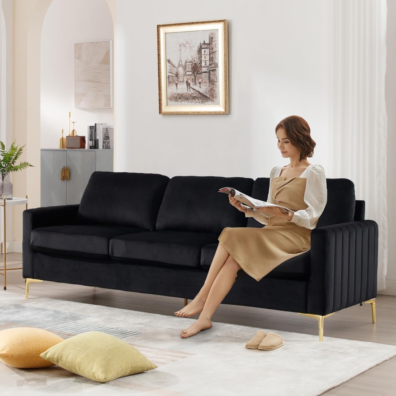 THE WOODEN CITY Monto Velvet Fabric Sofa | 3 Person Sofa | Sofa 3 Seater Sofa Set (Black) (Black, 3 Seater)