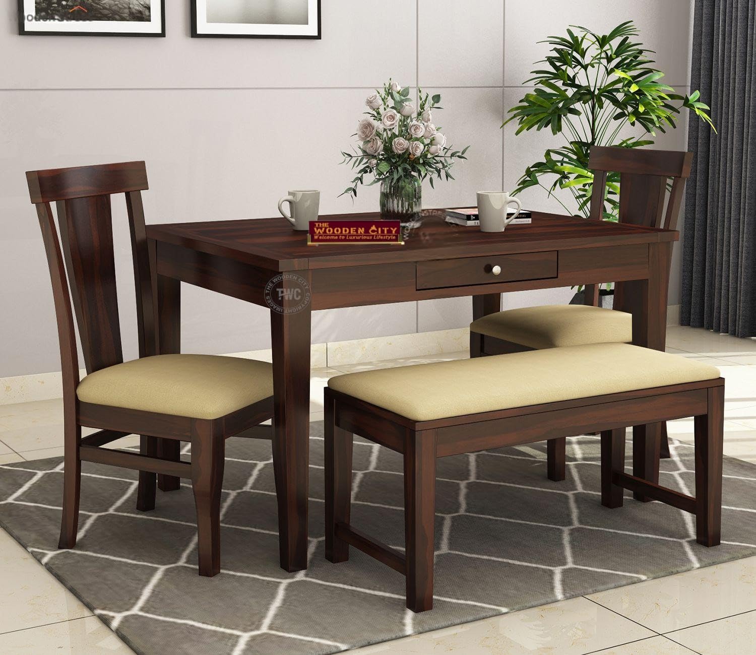 THE WOODEN CITY®️ Solid Sheesham Wood Dining Table 4 Seater Set with 2 Chairs & 1 Bench & Drawer Storage Dinner Table Set