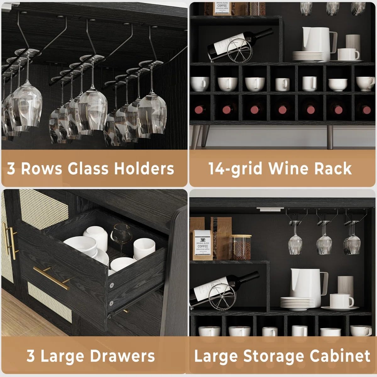 Rattan Cane Solid Sheesham Wood Bar Cabinet Wine Storage Rack with Drawer & Glass Holder, Wooden for Home and Bar Furniture (Walnut)