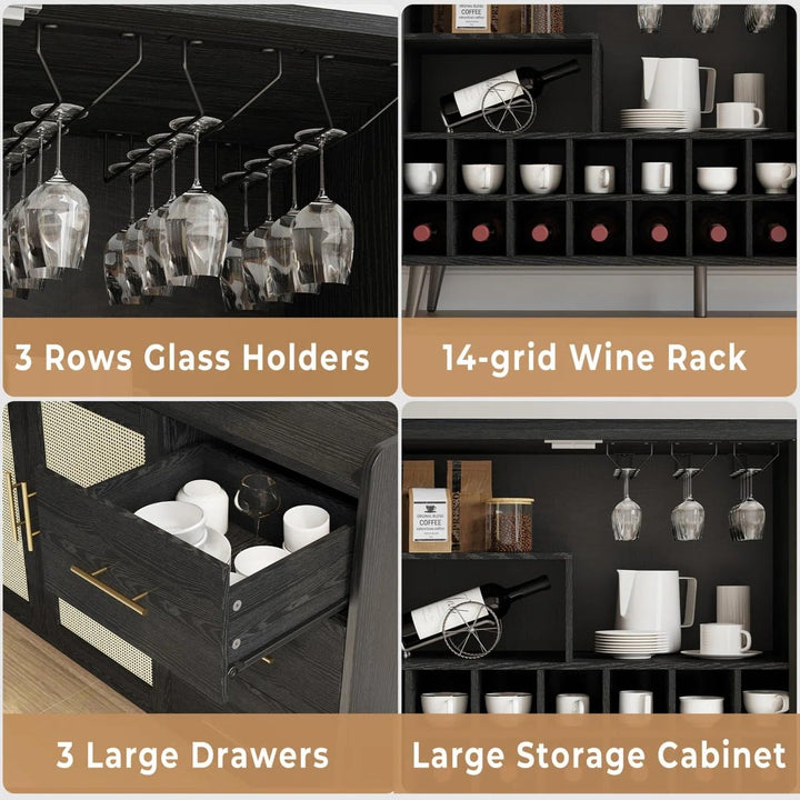 Rattan Cane Solid Sheesham Wood Bar Cabinet Wine Storage Rack with Drawer & Glass Holder, Wooden for Home and Bar Furniture (Walnut)