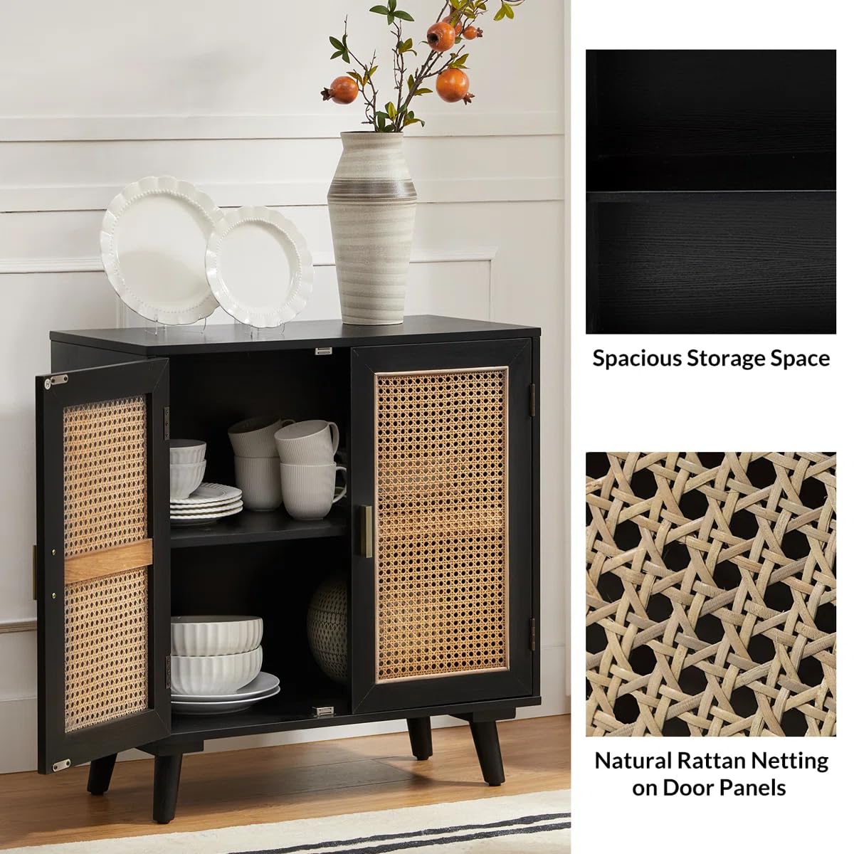 Solid Mango Wood Rattan Sideboard Cabinet for Living Room | Wooden Cane Crockery Unit for Kitchen Living Room (Walnut c1)