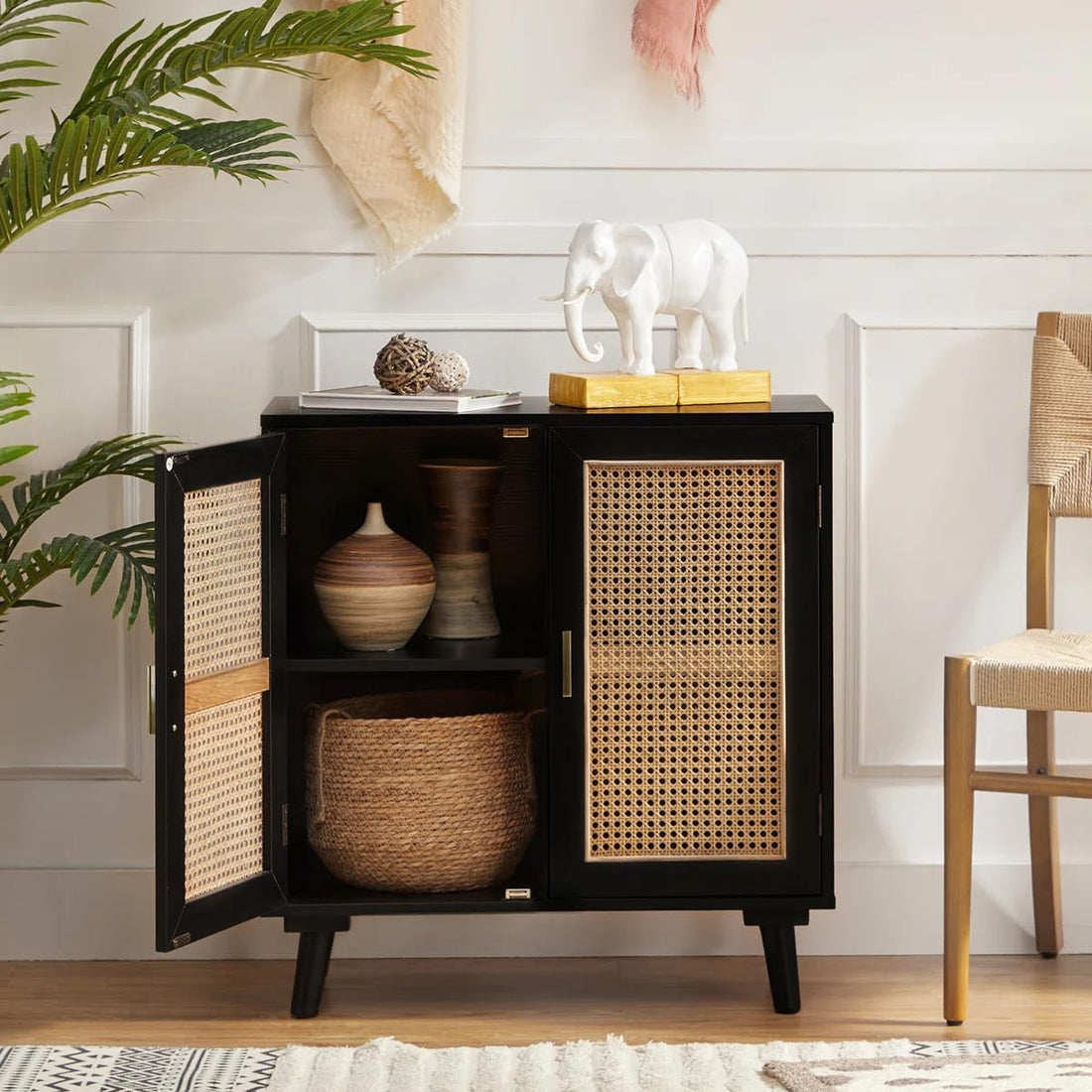 Solid Mango Wood Rattan Sideboard Cabinet for Living Room | Wooden Cane Crockery Unit for Kitchen Living Room (Walnut c1)