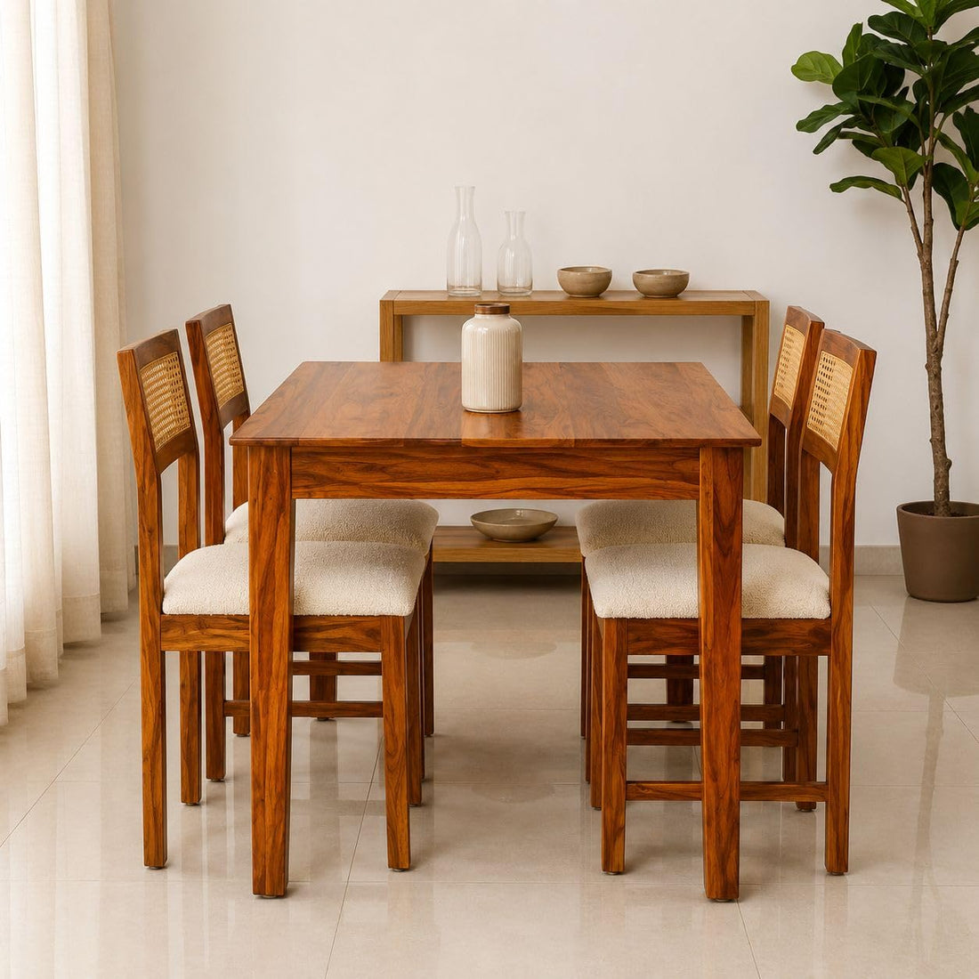 Arden Solid Sheesham Wood & Cane Dinner Set Table with Chair |Wooden Dining Table Set with Cushioned Chairs for Dining Room | Living Room | Home & Office -Honey