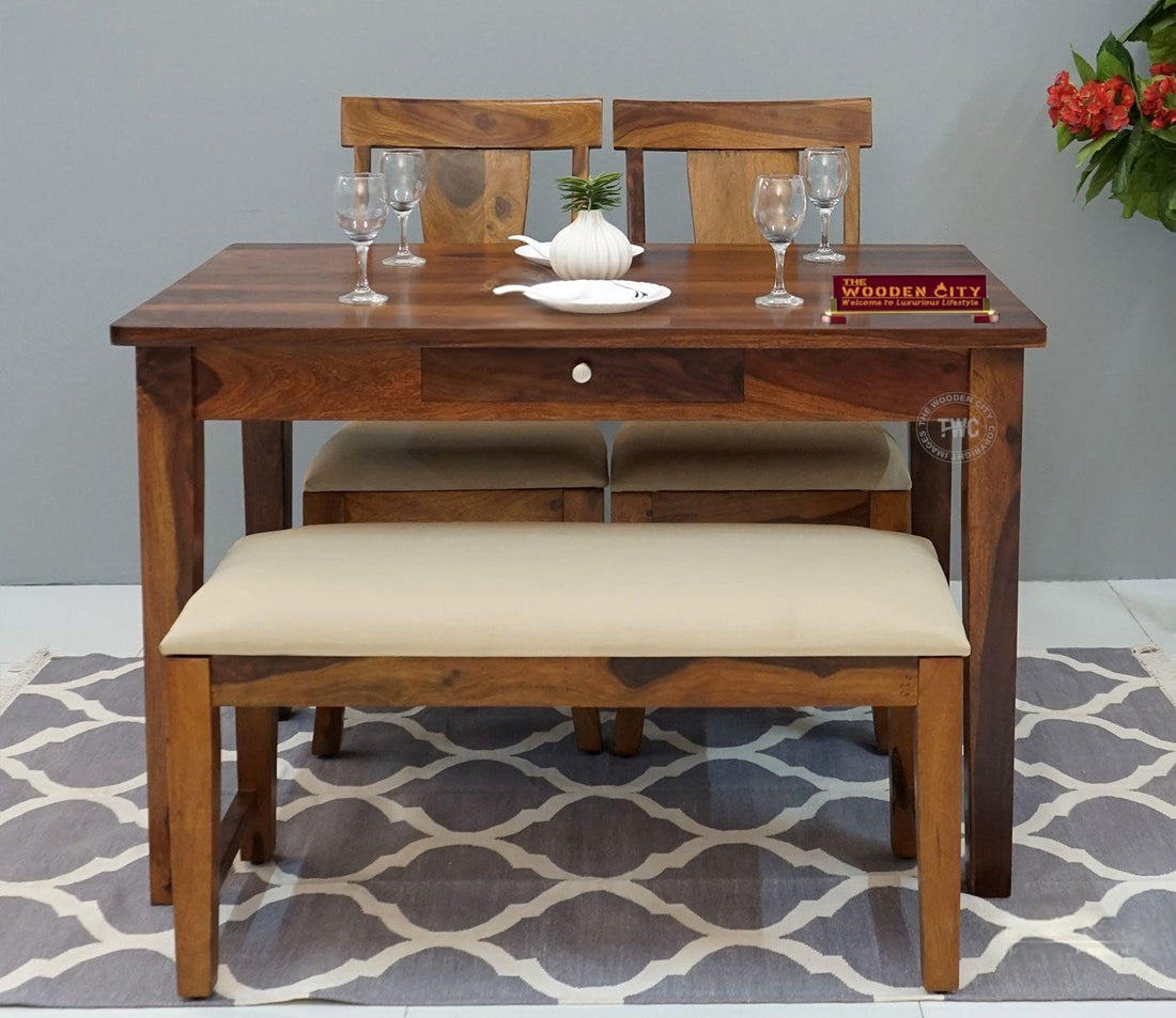 THE WOODEN CITY®️ Solid Sheesham Wood Dining Table 4 Seater Set with 2 Chairs & 1 Bench & Drawer Storage Dinner Table Set(honey)